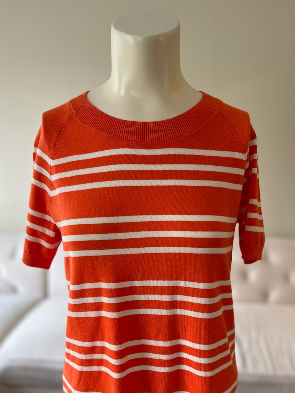 Talbots Petite Short Sleeve Summer Sweater Orange & White Striped Knit